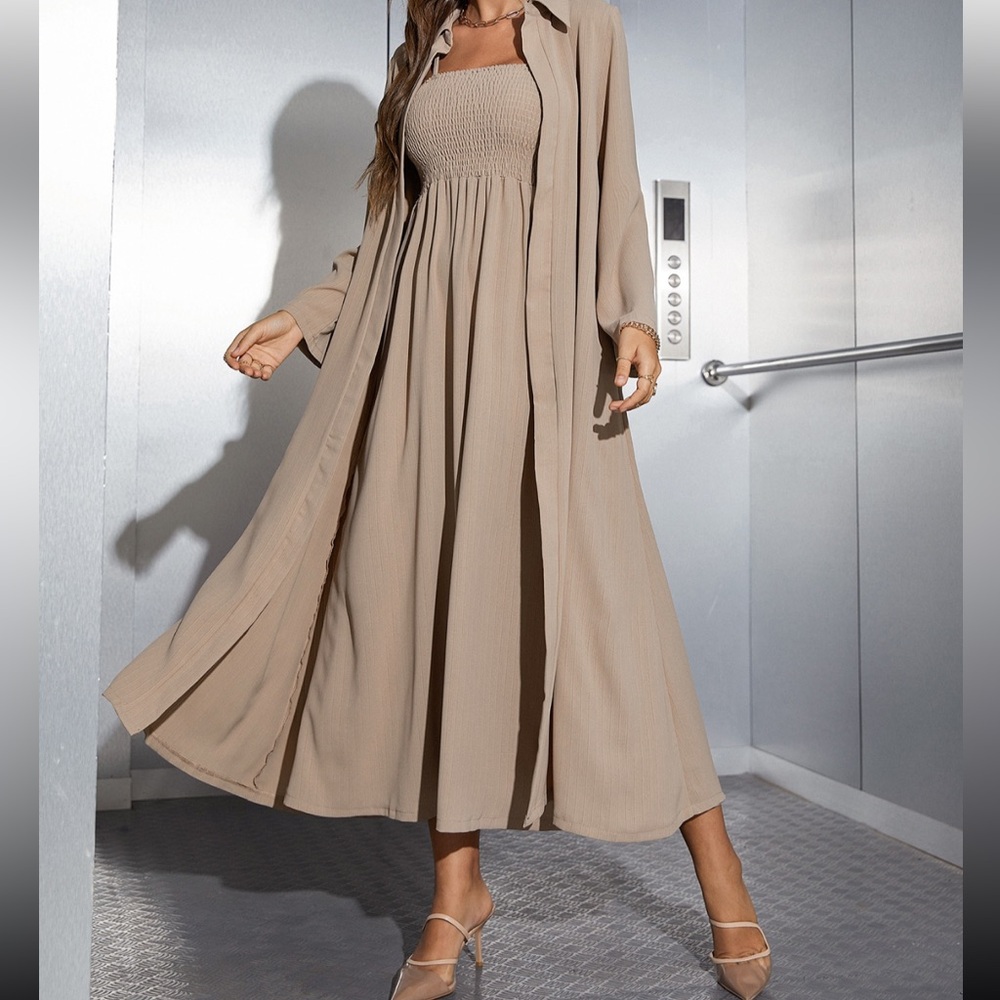 SHEIN MULVARI shirred Cami dress and open front coat Modest Style Long dress